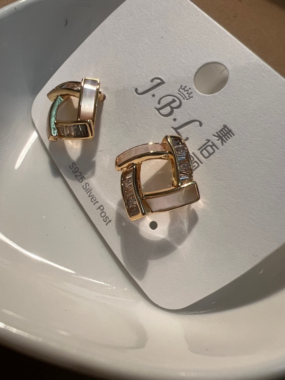 Gold Geometric Stud Earrings with Mother of Pearl & CZ | S925 Post - Picture 4 of 4